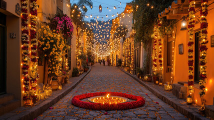 Festive street decorated with lights and flowers during evening celebration. Diwali, Deepavali, Festival of Lights, Dipawali - Hindu Celebration, Indian Cultural Festival