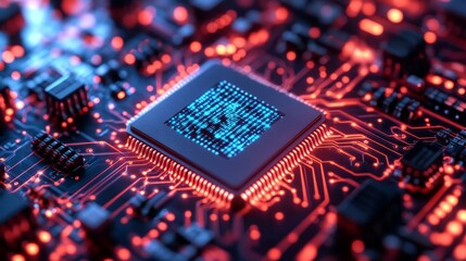 Fototapeta premium Close Up Of Glowing Red And Blue Circuit Board With Central Processor