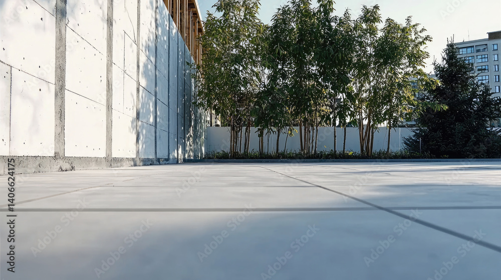 Poster modern construction site featuring smooth, tiled floor with backdrop of greenery and trees. clean lines and natural elements create serene atmosphere, perfect for outdoor spaces