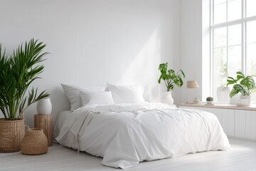 a room with a bed by a large window