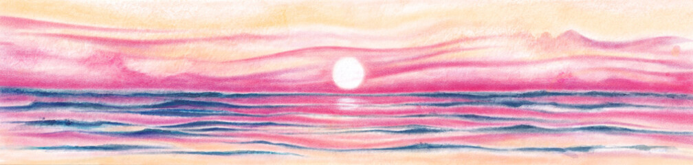 Pencil drawing Nature seascape. Bright colorful Sea waves with splashes of water against the backdrop of the sky at sunset or sunrise. Web site banner template on textured paper