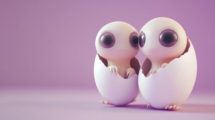 Fototapeta premium Adorable cartoon creatures hatching from eggs with big eyes on pastel background. Easter, Pascha, Paskha, Ostern, Pascua, Paques - Orthodox and Catholic Holiday celebration