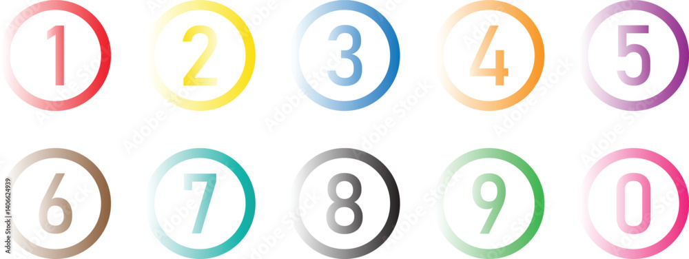 Poster set of coloring numbers in coloring gradient circle. from 0 to 9. number in round circle vector illustration.