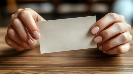 Obraz premium Hands hold a blank card on a wooden table, inviting customization with your design