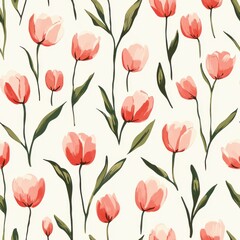 Seamless Coral Pink Tulip Floral Pattern on White Background