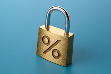 Golden Padlock with Percentage Symbol – Secure Discount Concept on Blue Background