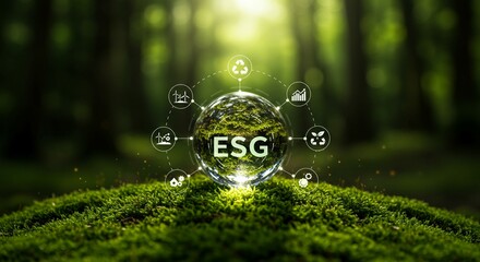 1.Crystal ball on moss with icons in green forest - environment esg concept, ecology and sustainable environment of the world. Eco-friendly green business. ecology,
earth day, csr and net zero