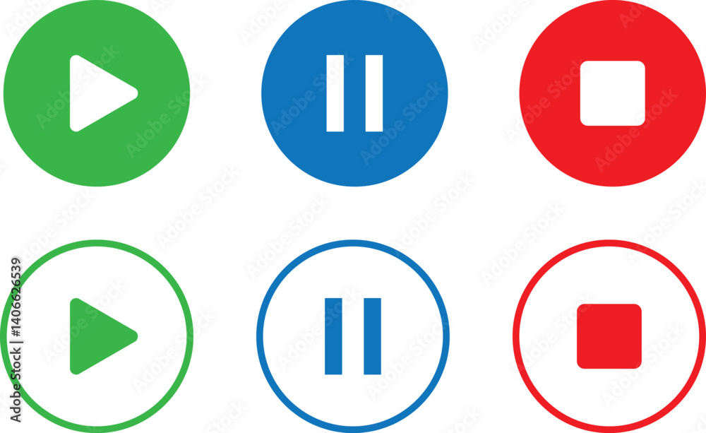 Poster set of play pause stop button symbol vector illustration.