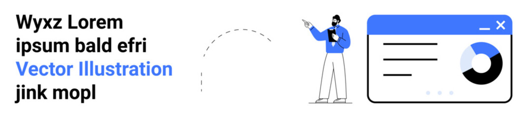 Man pointing at data chart on web interface with analytics. Ideal for business, education, presentation, growth, analytics, design concept, simple landing page