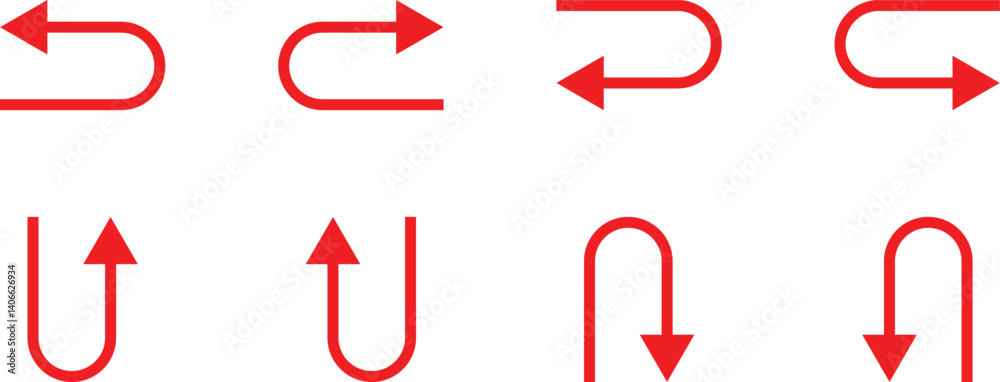 Poster set of red u turn arrow symbol vector illustration.