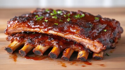 Delicious, stacked BBQ ribs, glistening with sauce, resting on a wooden board
