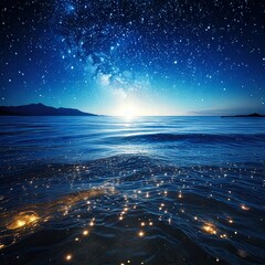 星空の下、穏やかな海と反射する波の幻想的イラスト