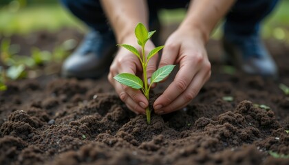 Hands Planting a Green Seedling in Dark Soil