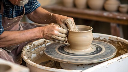 Detailed image capturing a potter’s hands skillfully molding clay on a spinning wheel. Ideal for themes of craftsmanship, artisanal work, and creative processes.