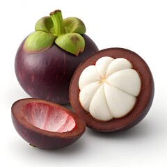 Mangosteen fruit, whole and cross-sectioned, deep purple rind with white segmented interior, rich contrast between the rind and juicy pulp