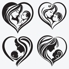 Mothers Day Silhouette Set Background Loving Mom and Baby Art Collection Wallpaper