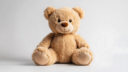 Obraz premium Cute brown teddy bear sitting on white background with soft lighting and friendly expression 