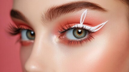 Obraz premium Close-up of artistic eye makeup on young caucasian woman with coral eyeshadow and white eyeliner. Easter, Pascha, Paskha, Ostern, Pascua, Paques - Orthodox and Catholic Holiday celebration