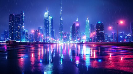 Vibrant Modern Cityscape at Night with High-Rise Buildings