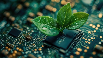 Green leaves growing on electronic circuit board representing eco-friendly technology