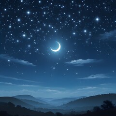 Obraz premium A serene and tranquil clear night sky filled with countless twinkling stars of varying sizes and brightness, with a radiant glowing crescent moon suspended low above the horizon, casting a silver-blue