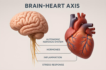 Brain-heart axis, A labeled diagram shows the brain and heart connected through the autonomic nervous system, hormones, inflammation, and stress response pathways.