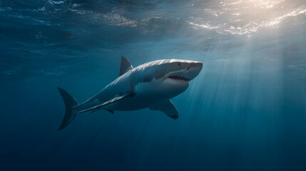 Fototapeta premium Great white shark underwater photography ocean predator wildlife marine animal sea life danger apex predator