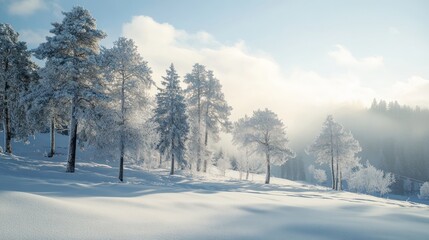 Obraz premium Serene winter landscape featuring snow-covered trees and a bright, hazy sky