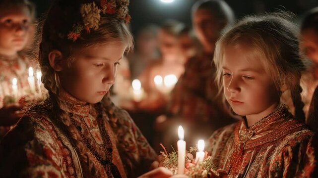 Children wearing traditional clothing are carrying candles.