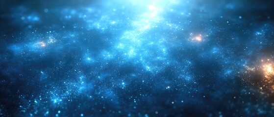 Naklejka premium Abstract cosmic scene with luminous blue and golden particles scattered
