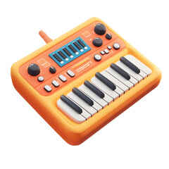 3D icon of a compact orange synthesizer with buttons and keys, used for music creation and production.