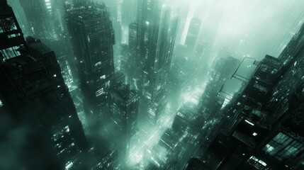 Fototapeta premium Foggy Green Cityscape At Night Aerial View