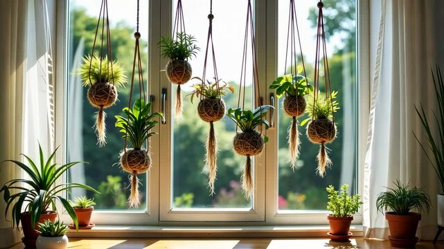Hanging kokedama plants swaying by sunny window, indoor garden decor