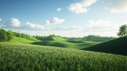 Fototapeta premium Lush green rolling hills create a serene and inviting natural landscape