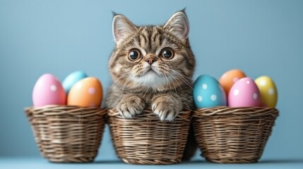 Adorable kitten with easter eggs in wicker baskets on blue background. Easter, Pascha, Paskha, Ostern, Pascua, Paques - Orthodox and Catholic Holiday celebration