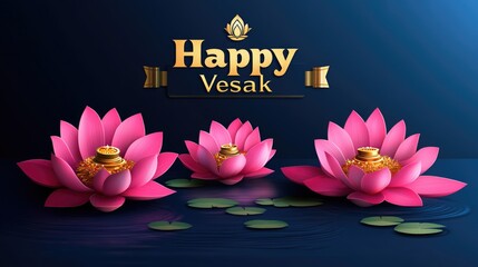 Happy vesak celebration with pink lotus flowers and floating decorations on water. Vesak, Buddha Day, Buddha Purnima, Buddha Jayanti - Buddhist Sacred Holiday, Birth of Gautama Buddha Celebration