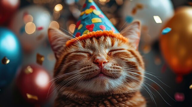 Joyful cat wearing party hat among colorful balloons and confetti