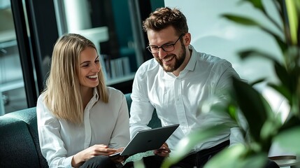 A man and a woman are sitting on a couch, smiling and looking at a laptop