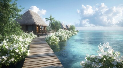 Fototapeta premium Tropical Island Beach Resort with Overwater Bungalows