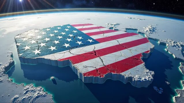 Conceptual animation of Greenland merging with United States, American flag map from space
