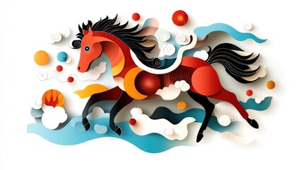 Obraz premium Colorful abstract horse art with flowing mane and cloud motifs. 2026 year red fiery horse according calendar