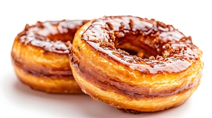 Two delicious glazed donuts with chocolate sprinkles are perfectly arranged on a bright white background ready for a sweet treat.