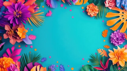 Vibrant tropical floral border with bright colors and leaves on turquoise background. Cinco de Mayo, Battle of Puebla Day, Mexican Heritage Festival - Latin American Cultural Celebration