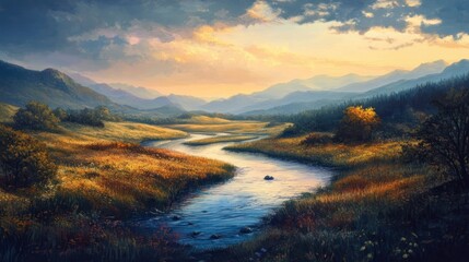 Enchanting river valley landscape painting with majestic mountains and tranquil water