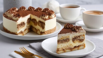 tiramisu cake mockup, showing the full plate and tiramisu in white backdrop, Full HD.