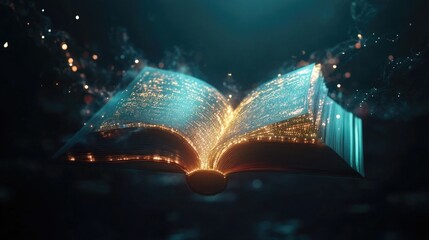Magical open book with glowing pages and sparkling particles in a mystical dark setting