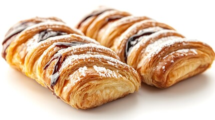 Two delicious golden brown pastries with chocolate glaze and powdered sugar are displayed on a white background.