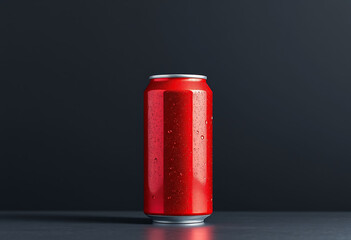 Red soda can with condensation on dark background