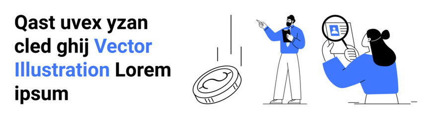 Professional analyzing a screen with digital icons, another holding an object with details. Falling coin adds financial or economic context. Ideal for business, teamwork, analytics, economy