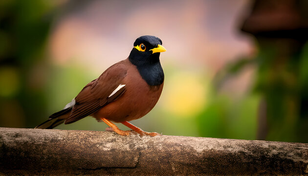 Majestic Myna Perched: A vibrant myna bird with striking plumage and yellow beak stands perched on a weathered stone, observing the world with an air of confidence.